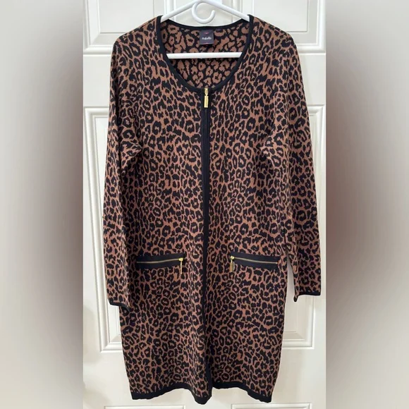 Rafaella Duster Dress Women's M Black & Brown Animal Print Leopard Zipper Knit - Picture 1 of 11